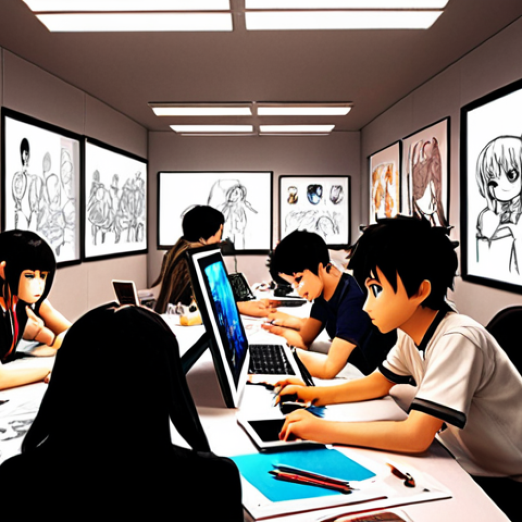 **
A vibrant character design studio workspace. Multiple artists are collaborating on digital tablets and screens, surrounded by concept art, sketches, and mood boards showcasing diverse character styles (anime, realistic, chibi). The atmosphere is creative and energetic, with a focus on teamwork and innovation.
**