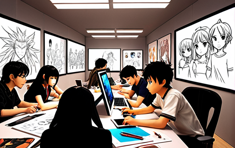 **

A vibrant character design studio workspace. Multiple artists are collaborating on digital tablets and screens, surrounded by concept art, sketches, and mood boards showcasing diverse character styles (anime, realistic, chibi). The atmosphere is creative and energetic, with a focus on teamwork and innovation.

**