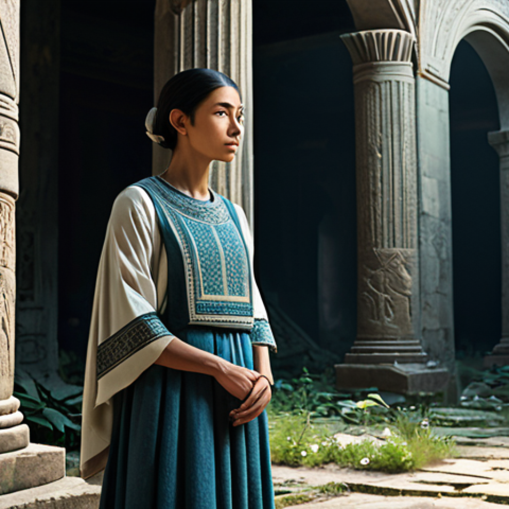 A wise female character, designed as a "Guardian of Lost Civilizations," stands contemplatively amidst ancient, overgrown ruins. She wears a modest, layered outfit crafted from durable, natural fabrics, adorned with subtle, intricate patterns that hint at her rich history. Her posture is natural and dignified, conveying a sense of quiet strength and deep knowledge. The lighting is soft and ethereal, casting gentle shadows that highlight the textures of her attire and the surrounding architecture. fully clothed, modest clothing, appropriate attire, professional dress, perfect anatomy, correct proportions, natural pose, well-formed hands, proper finger count, natural body proportions, safe for work, appropriate content, professional photography, high quality, realistic rendering, intricate details.