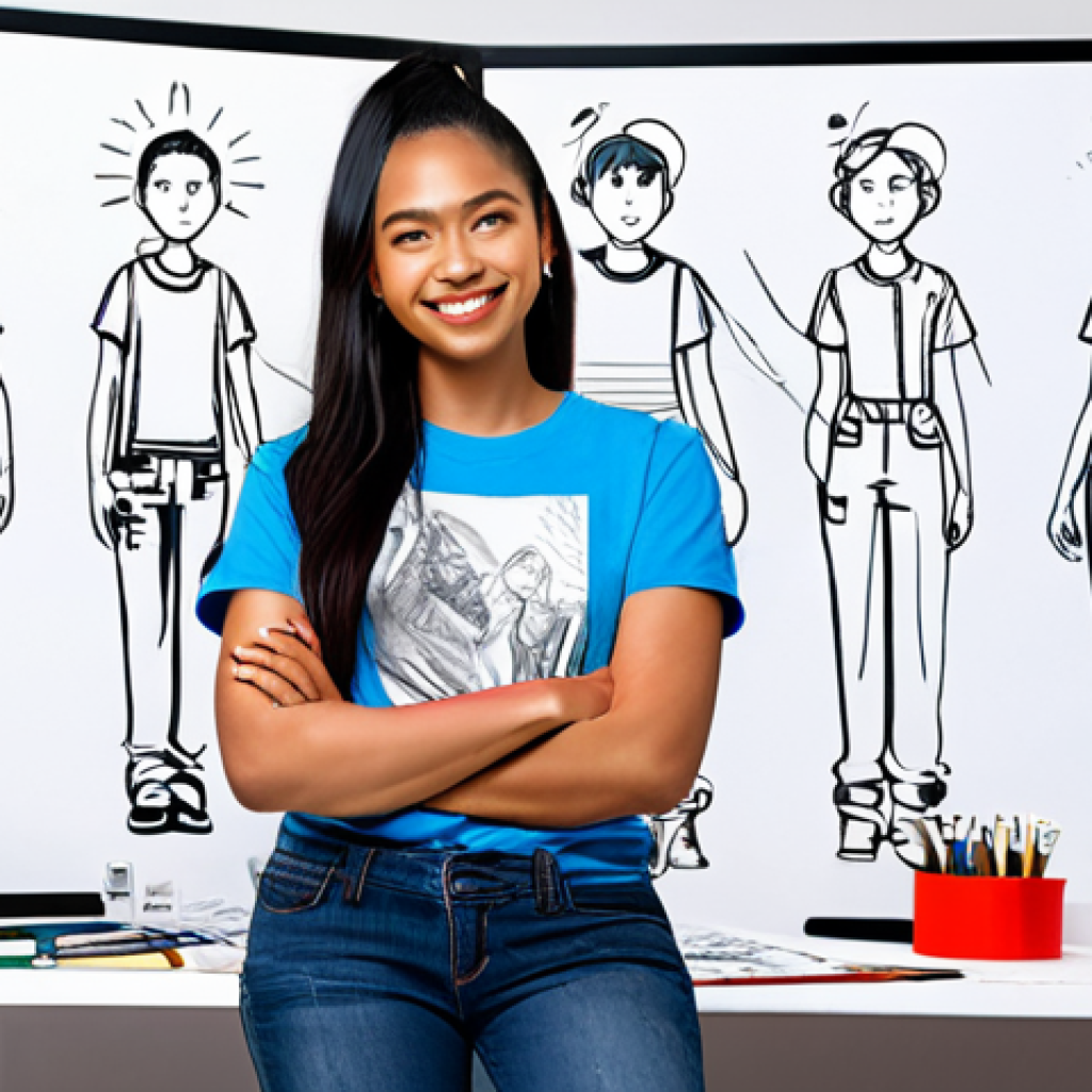 Creative Character Designer**
"A professional character designer surrounded by sketches and digital art tools in a bright, modern studio. She's fully clothed in comfortable, stylish attire, perhaps with a graphic tee and jeans. The background includes concept art showcasing diverse character designs with various cultural influences and art styles. safe for work, appropriate content, fully clothed, professional, perfect anatomy, correct proportions, natural pose, well-formed hands, proper finger count, family-friendly"
**