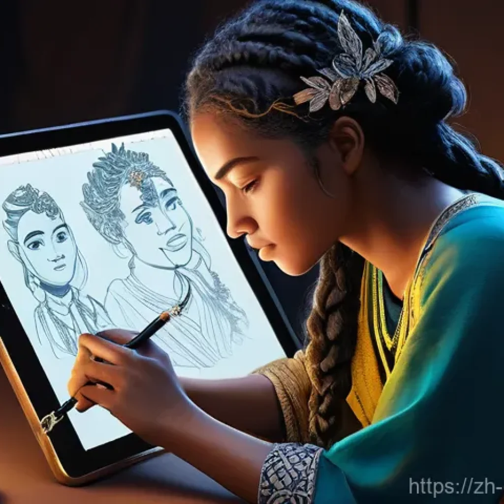 캐릭터 디자인과 애니메이션 협업 - **Prompt:** A skilled character designer, intensely focused, sketches on a glowing digital tablet. O...
