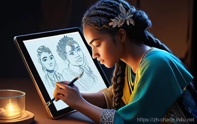 캐릭터 디자인과 애니메이션 협업 - **Prompt:** A skilled character designer, intensely focused, sketches on a glowing digital tablet. O...