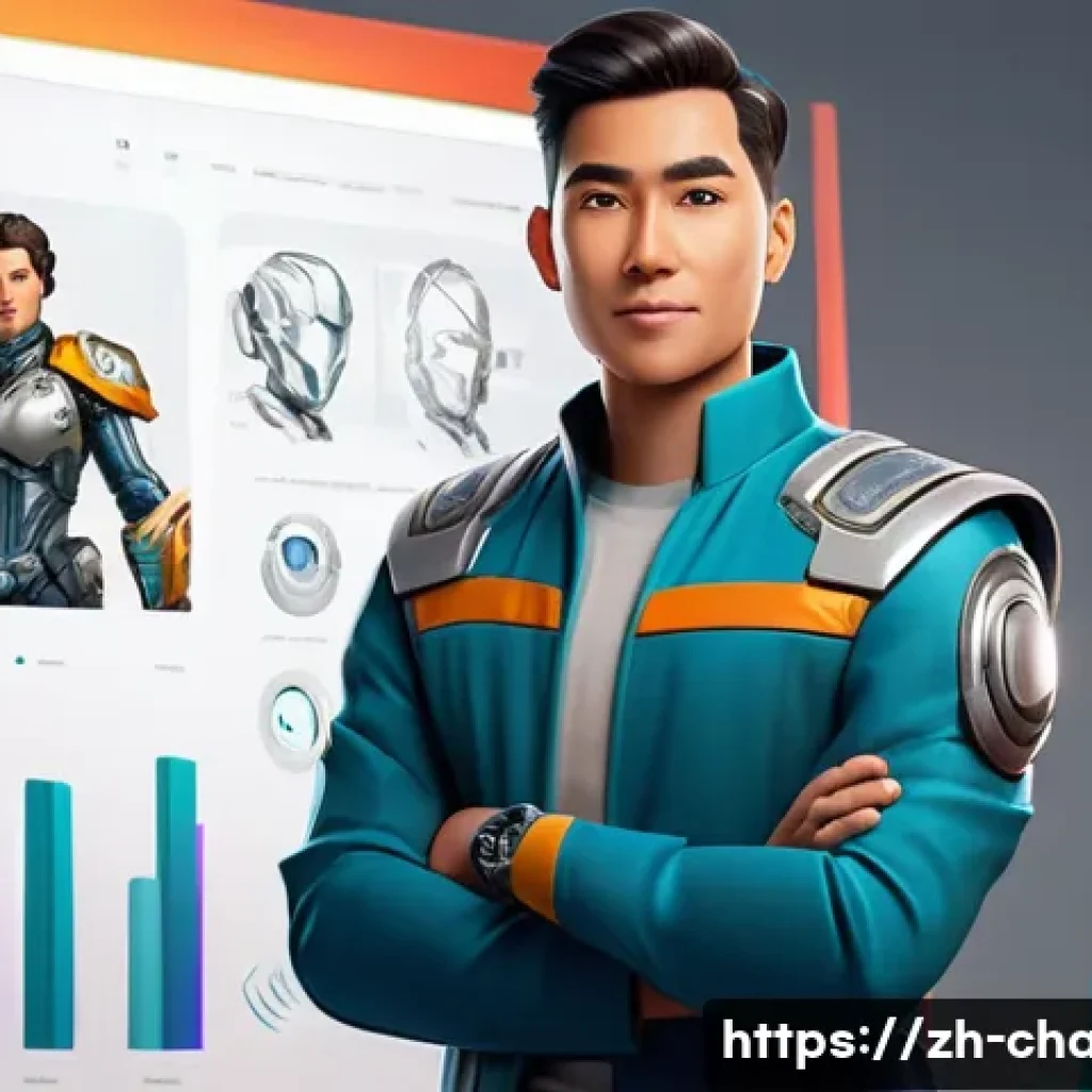 캐릭터 디자인 취업 포털 활용법 - **A Confident Character Designer Showcasing Diverse Portfolio:**
A dynamic, full-body shot of a ...