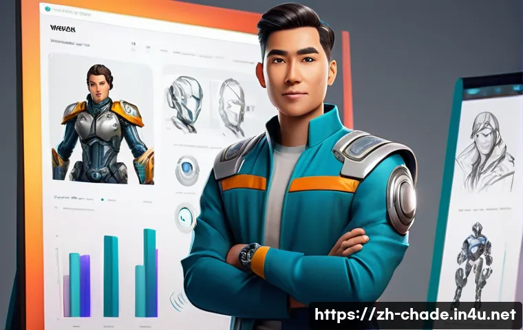캐릭터 디자인 취업 포털 활용법 - **A Confident Character Designer Showcasing Diverse Portfolio:**
    A dynamic, full-body shot of a ...