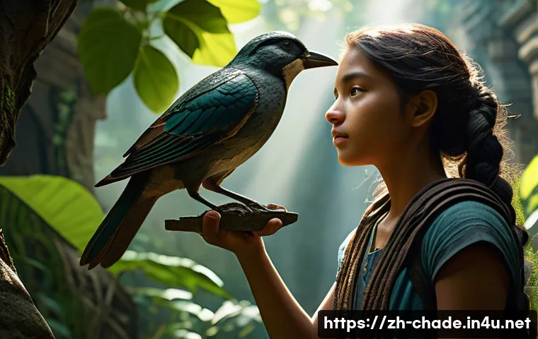 캐릭터 디자인의 철학적 접근 - A determined young female guardian, standing resiliently amidst the lush, overgrown ruins of an anci...