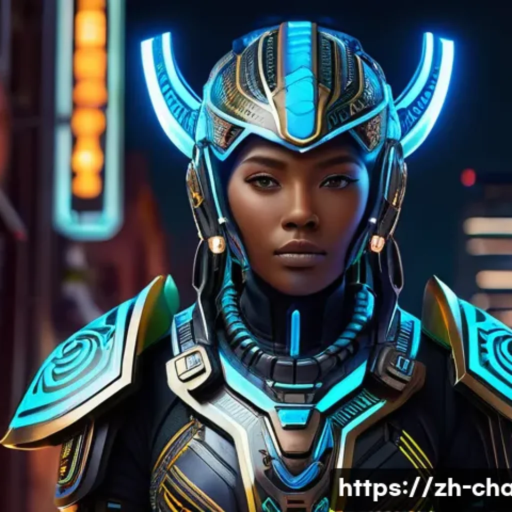 캐릭터 디자인 글로벌 트렌드 사례 연구 - A futuristic sci-fi character inspired by African tribal totems fused with advanced technology eleme...