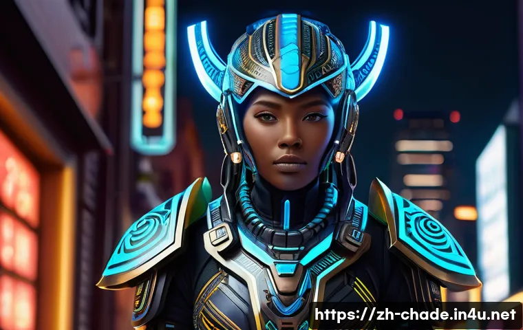 캐릭터 디자인 글로벌 트렌드 사례 연구 - A futuristic sci-fi character inspired by African tribal totems fused with advanced technology eleme...