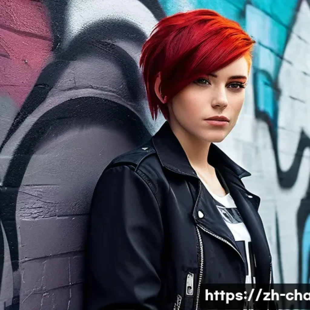 캐릭터 디자인 워크숍에서 배우는 것 - A young rebellious girl character with striking red hair styled in an asymmetrical cut, wearing edgy...