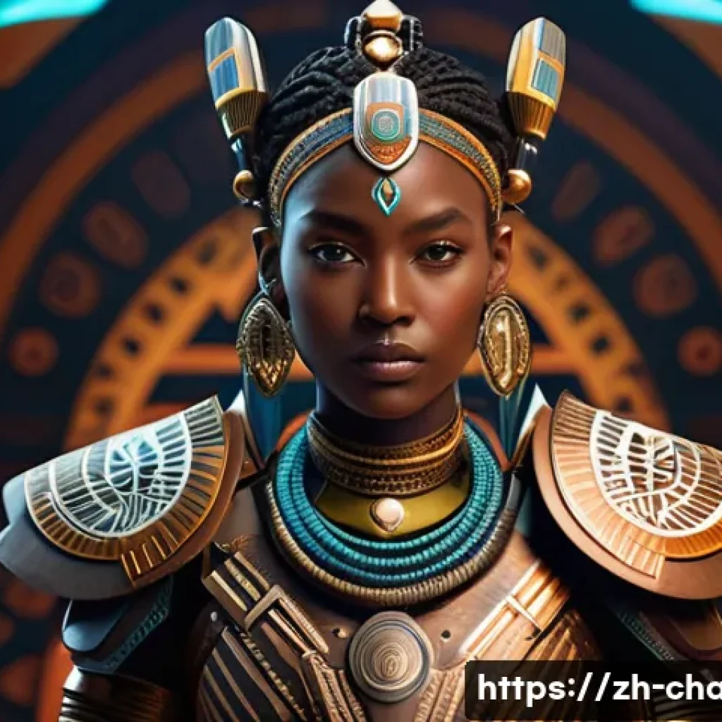 캐릭터 디자인 관련 국제 협업 사례 연구 - A futuristic character design blending traditional African tribal totem patterns with sleek sci-fi a...