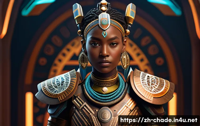 캐릭터 디자인 관련 국제 협업 사례 연구 - A futuristic character design blending traditional African tribal totem patterns with sleek sci-fi a...
