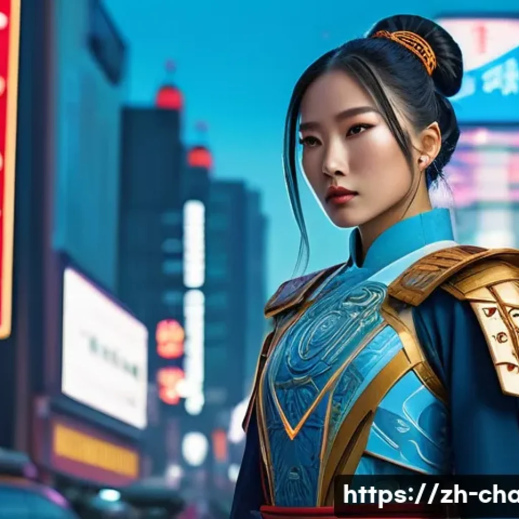 캐릭터 디자인 공모전 수상 사례 - A striking character design blending traditional East Asian attire with futuristic Western cyberpunk...
