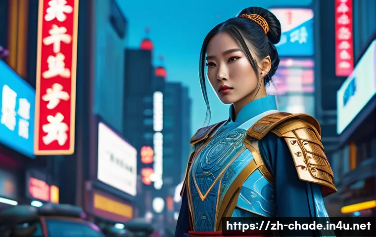 캐릭터 디자인 공모전 수상 사례 - A striking character design blending traditional East Asian attire with futuristic Western cyberpunk...
