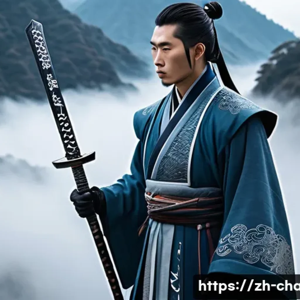 캐릭터 디자인 인터뷰 준비 팁 - A solitary wandering swordsman character inspired by traditional Chinese culture, wearing a fusion o...