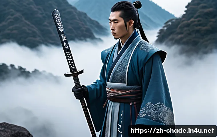 캐릭터 디자인 인터뷰 준비 팁 - A solitary wandering swordsman character inspired by traditional Chinese culture, wearing a fusion o...