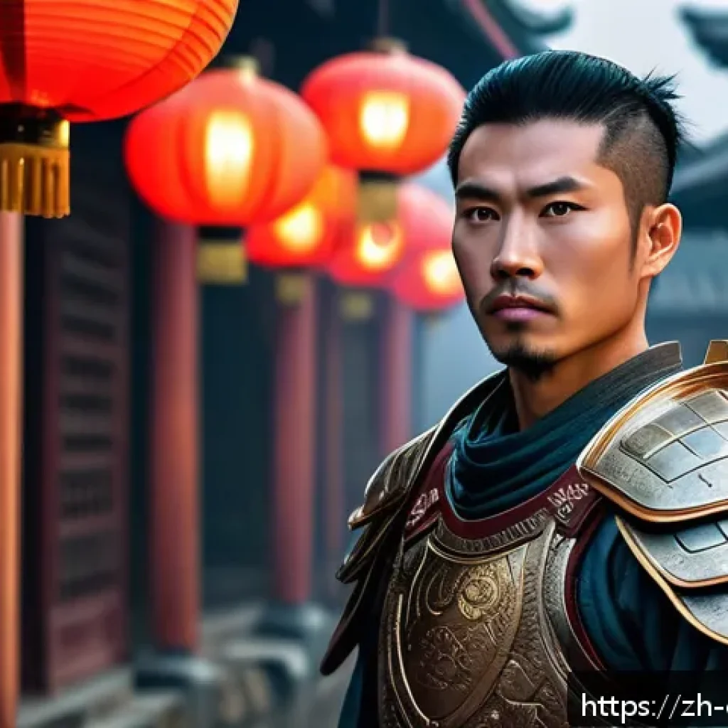 캐릭터 디자인 관련 글로벌 학문적 연구 사례와 관련된 동향 - A culturally diverse fantasy warrior character standing confidently in an ancient Asian-inspired urb...