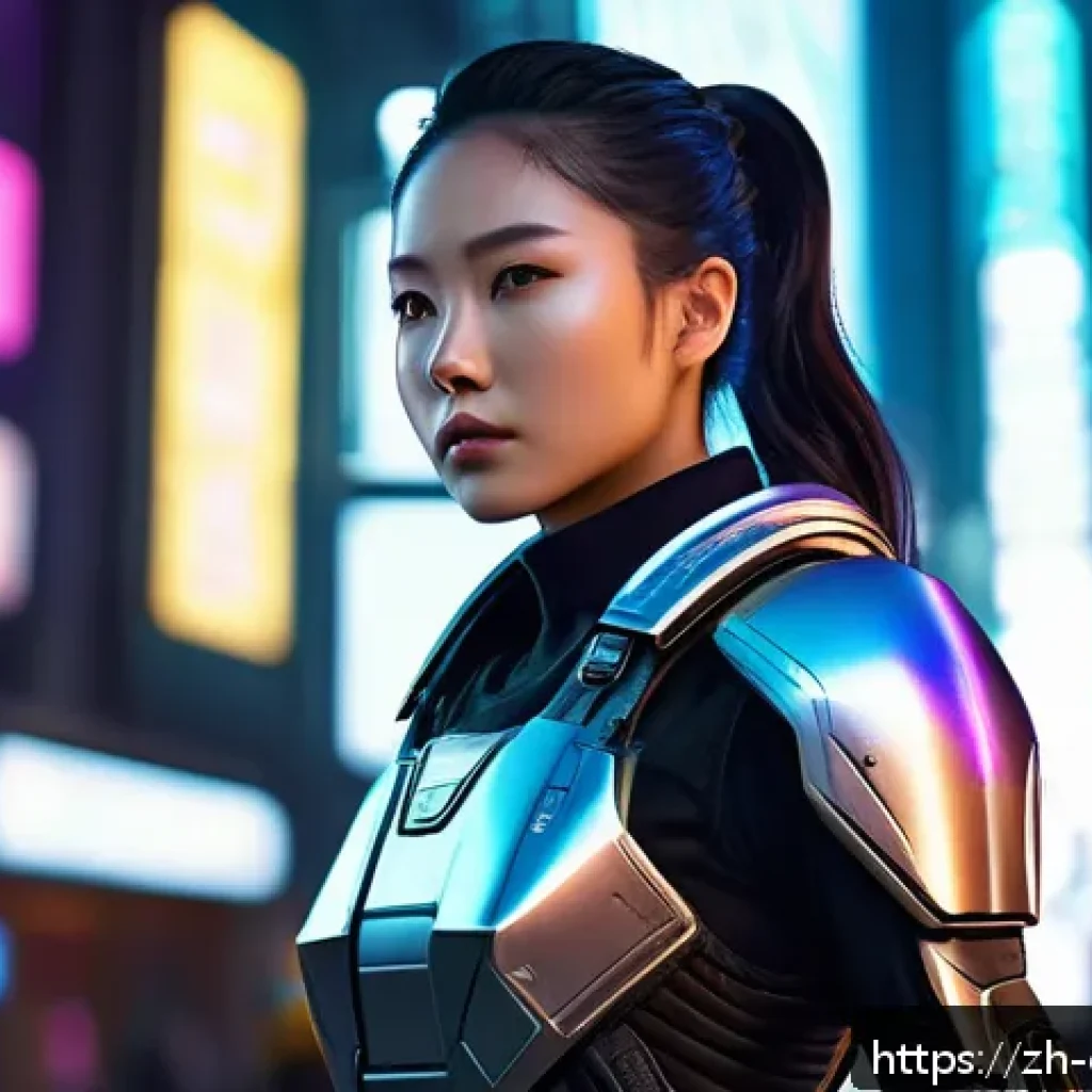 캐릭터 디자인 교육과정 개발 사례 - A futuristic character design featuring a young adult female wearing high-tech armor with sleek meta...