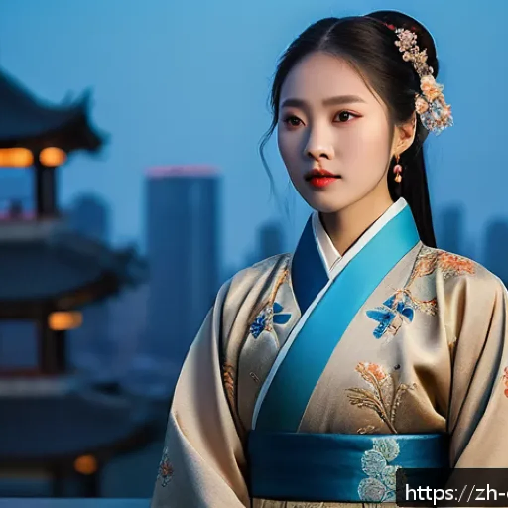 캐릭터 디자인의 철학적 요소와 트렌드 - A complex female character standing in a modern urban setting at dusk, wearing intricately embroider...