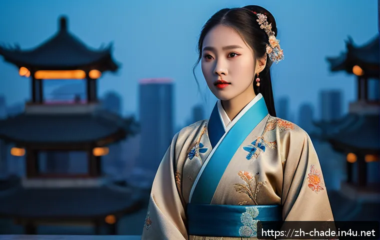 캐릭터 디자인의 철학적 요소와 트렌드 - A complex female character standing in a modern urban setting at dusk, wearing intricately embroider...