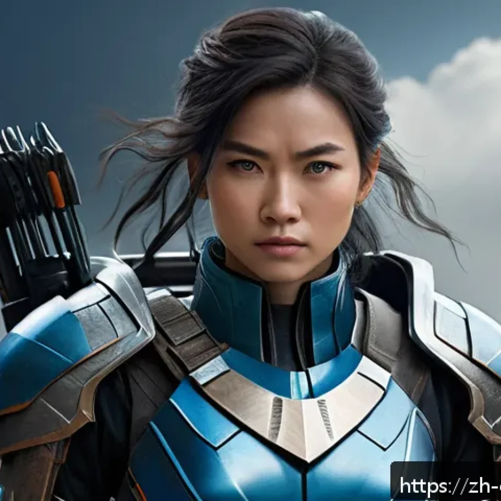 캐릭터 디자인 포트폴리오 퀄리티 업그레이드 - A confident sci-fi female ranger character standing in a battle-worn environment, wearing worn but d...