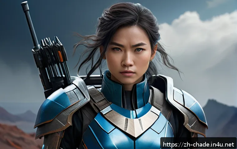 캐릭터 디자인 포트폴리오 퀄리티 업그레이드 - A confident sci-fi female ranger character standing in a battle-worn environment, wearing worn but d...