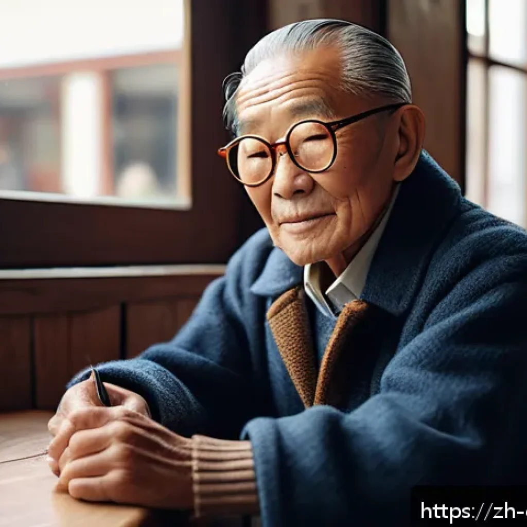 캐릭터 디자인의 크리에이티브 프로세스 - A warm, wise elderly man sitting peacefully in a vintage-style café, wearing retro round glasses and...