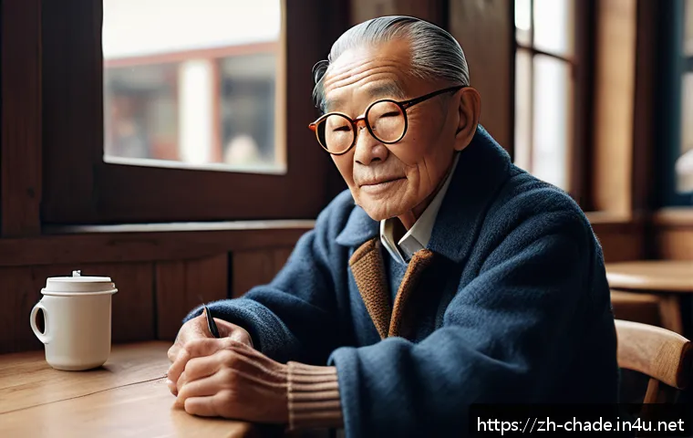 캐릭터 디자인의 크리에이티브 프로세스 - A warm, wise elderly man sitting peacefully in a vintage-style caf&eacute;, wearing retro round glasses and...
