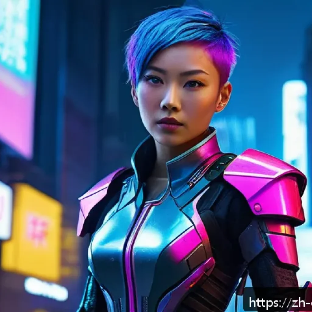 캐릭터 디자인 전문가 자격증 준비 - A futuristic cyberpunk female character standing confidently in a neon-lit cityscape at night, weari...