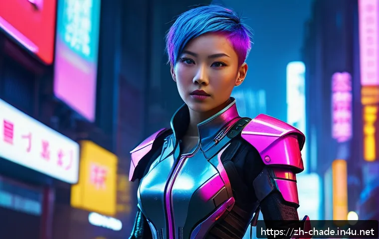 캐릭터 디자인 전문가 자격증 준비 - A futuristic cyberpunk female character standing confidently in a neon-lit cityscape at night, weari...