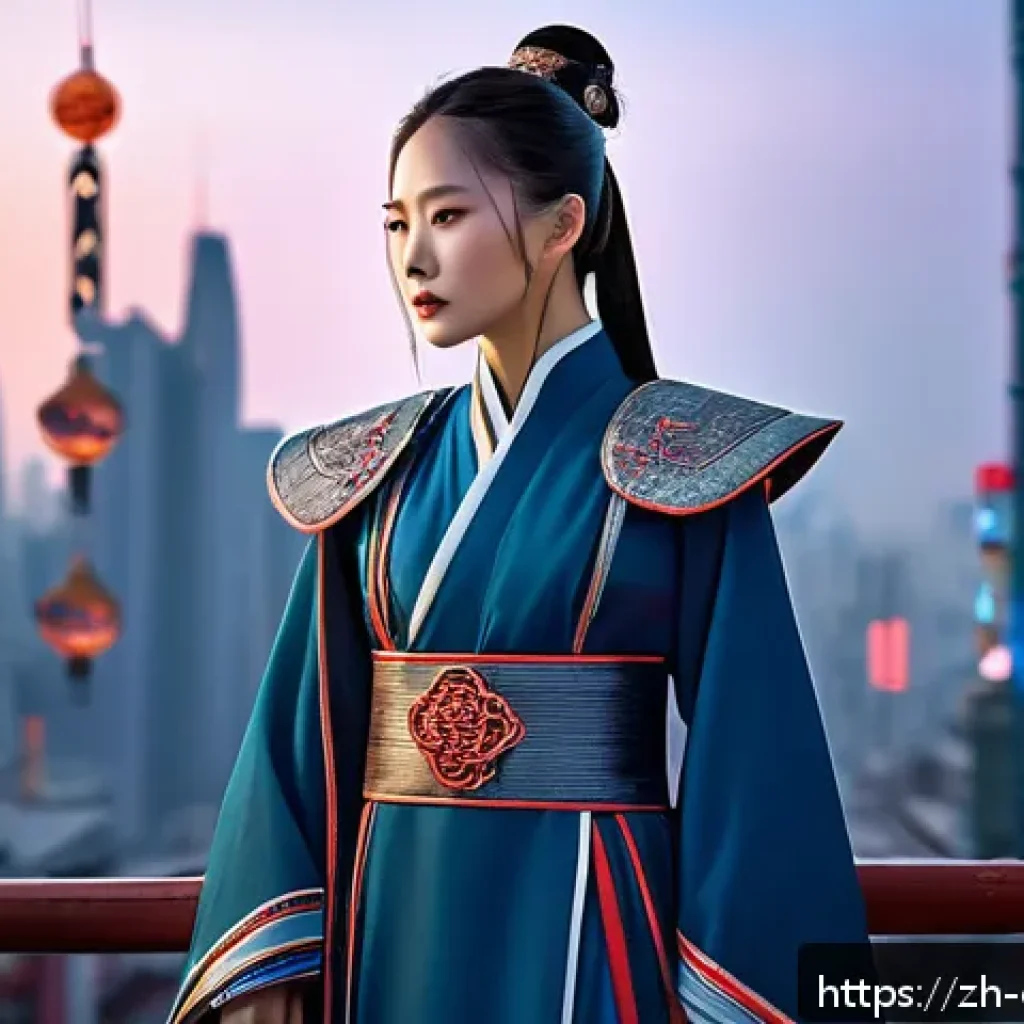 캐릭터 디자인 자격 시험 필기 요령 - A futuristic female character blending traditional Chinese Hanfu elements with sleek sci-fi armor ac...