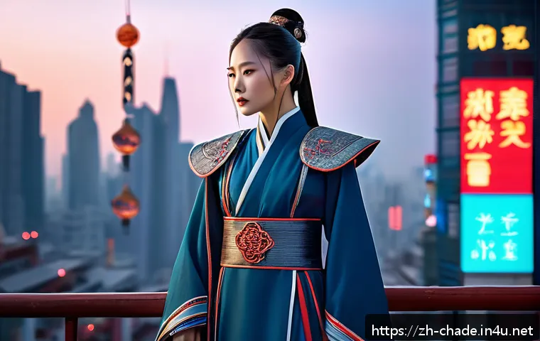 캐릭터 디자인 자격 시험 필기 요령 - A futuristic female character blending traditional Chinese Hanfu elements with sleek sci-fi armor ac...