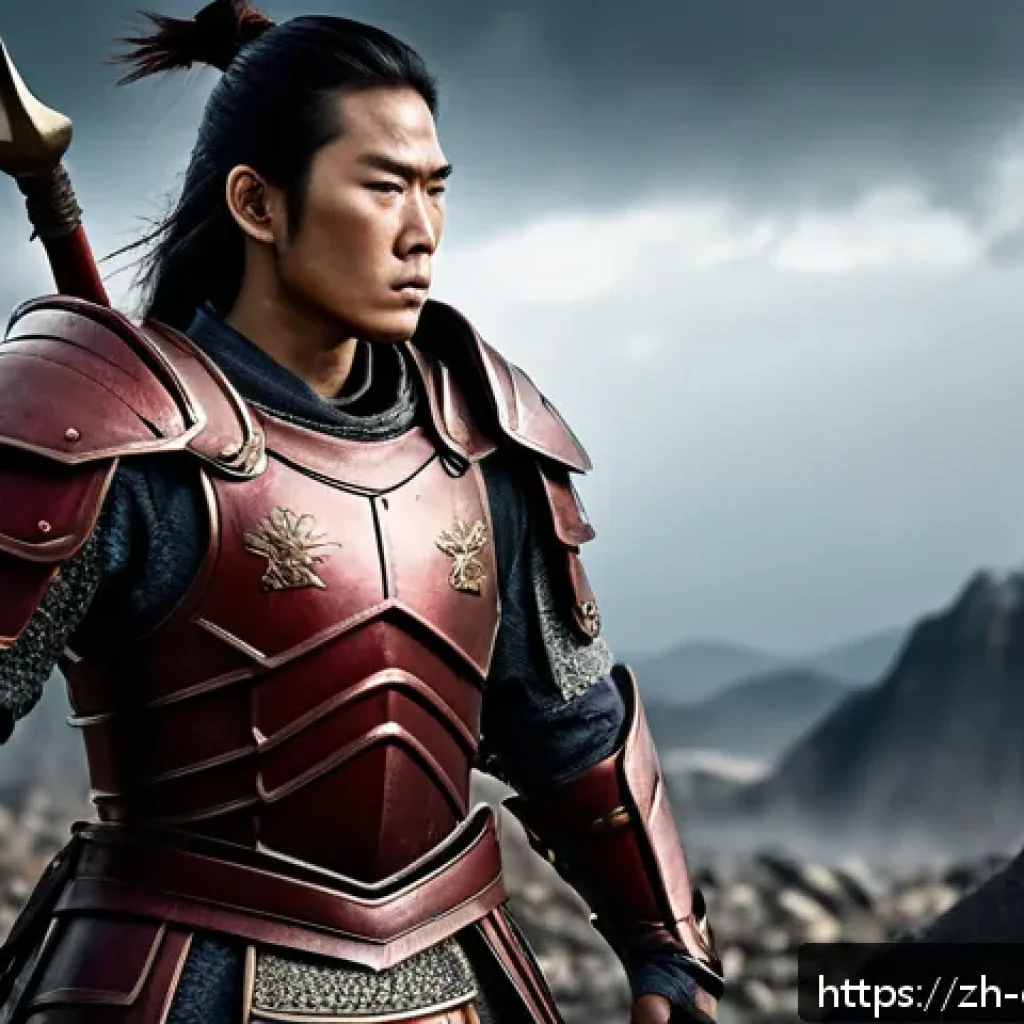 캐릭터 디자인 워크숍 후기 작성법 - A determined warrior character standing firmly on a rocky battlefield, clad in rugged, battle-worn a...