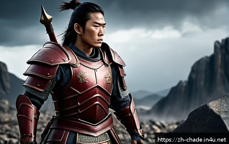 캐릭터 디자인 워크숍 후기 작성법 - A determined warrior character standing firmly on a rocky battlefield, clad in rugged, battle-worn a...