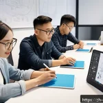 캐릭터 디자인 프로젝트 관리 실무 - A modern creative team collaborating in a bright, open office environment focused on character desig...