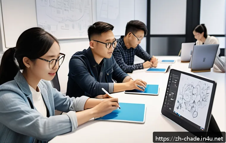 캐릭터 디자인 프로젝트 관리 실무 - A modern creative team collaborating in a bright, open office environment focused on character desig...