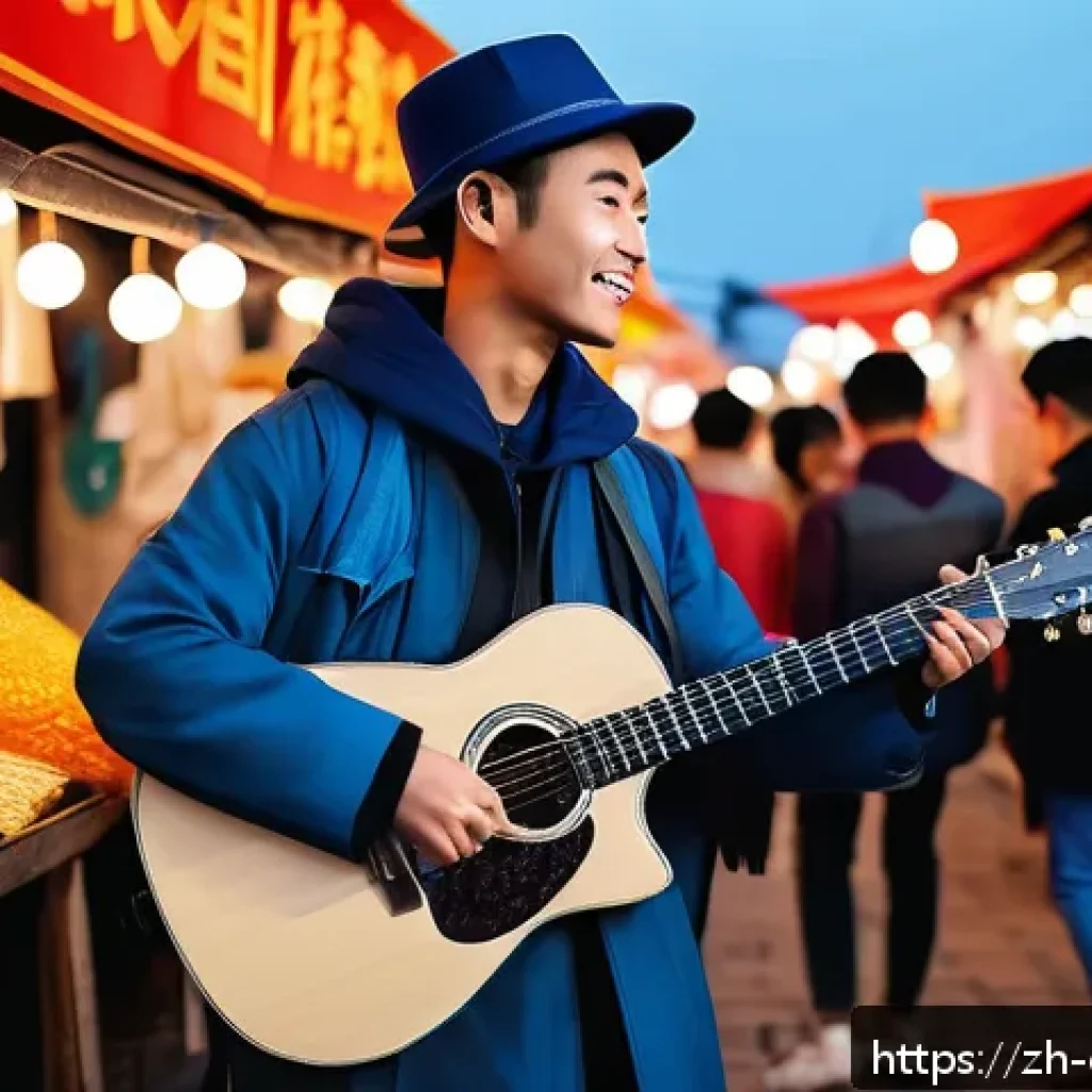 캐릭터 디자인 참고용 드로잉 팁 - A lively street performer character standing in a bustling night market, wearing practical yet styli...