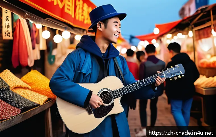 캐릭터 디자인 참고용 드로잉 팁 - A lively street performer character standing in a bustling night market, wearing practical yet styli...