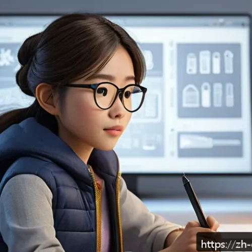 캐릭터 디자인과 애니메이션의 연결고리 - A highly detailed 3D character model of a young female animator in a modern studio environment, wear...