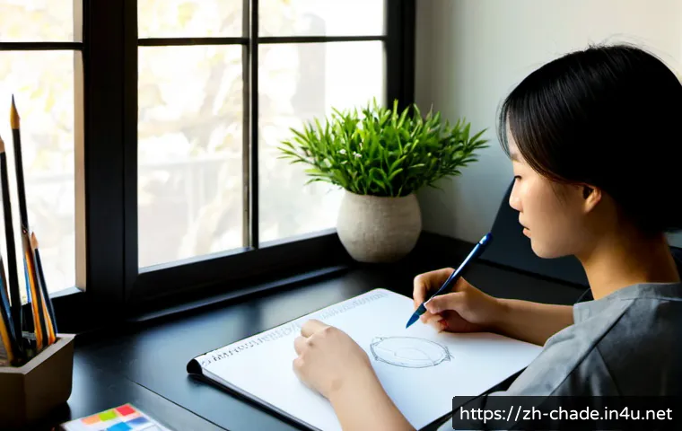 캐릭터 디자인의 개인 창작 도전기 - Photorealistic young independent character designer at a tidy home studio desk, carefully sketching ...