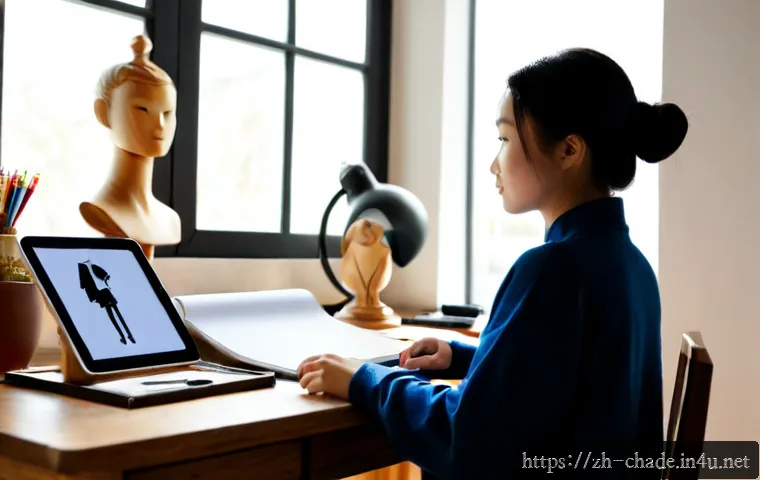 캐릭터 디자인 독학으로 시작하는 법 - Photorealistic young adult beginner character designer working at a tidy home studio desk, sketchboo...