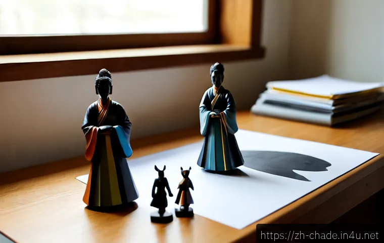 캐릭터 디자인의 비주얼 언어 응용 - Photorealistic character designer’s workspace, diverse visual language explored through three handcr...